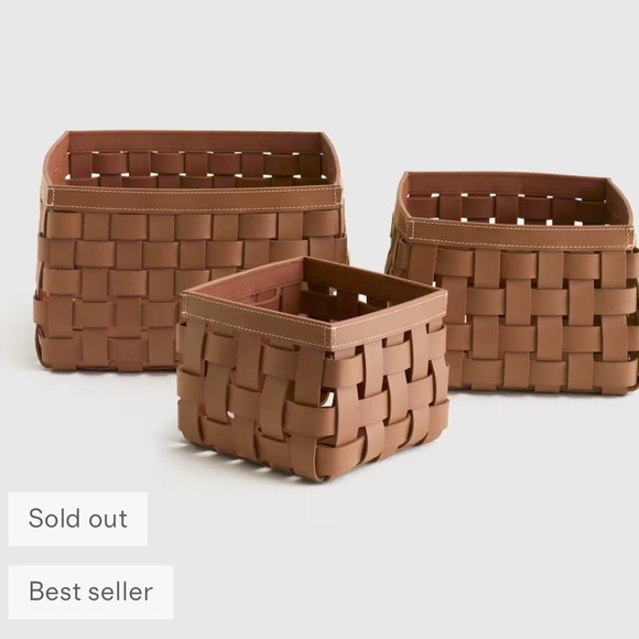 NWOT Recycled Woven Leather Baskets (set of 3) Cognac Brown